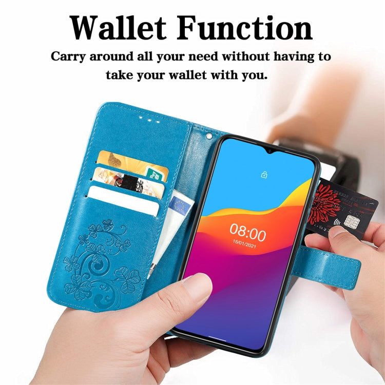 For Ulefone Note 10 Four-leaf Clasp Embossed Buckle Mobile Phone Protection Leather Case with Lanyard & Card Slot & Wallet & Bracket Function(Blue) by buy2fix