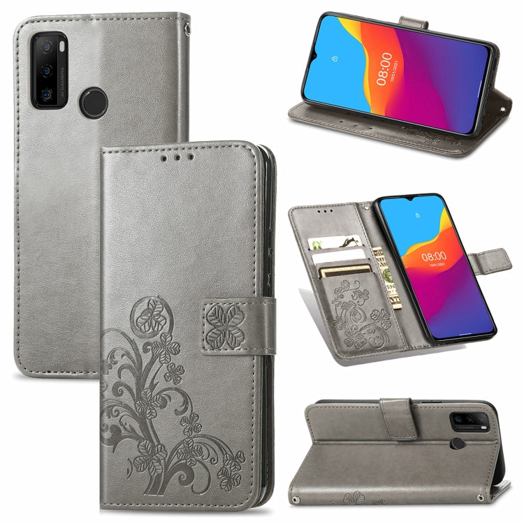 For Ulefone Note 10 Four-leaf Clasp Embossed Buckle Mobile Phone Protection Leather Case with Lanyard & Card Slot & Wallet & Bracket Function(Gray) by buy2fix