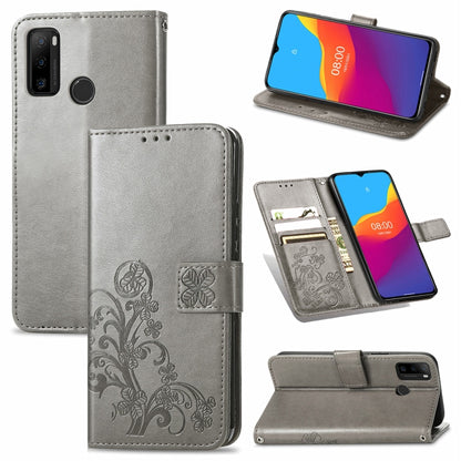 For Ulefone Note 10 Four-leaf Clasp Embossed Buckle Mobile Phone Protection Leather Case with Lanyard & Card Slot & Wallet & Bracket Function(Gray) by buy2fix