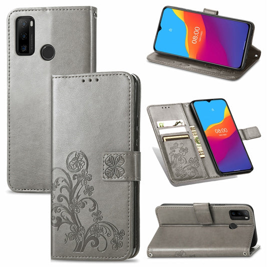 For Ulefone Note 10 Four-leaf Clasp Embossed Buckle Mobile Phone Protection Leather Case with Lanyard & Card Slot & Wallet & Bracket Function(Gray) by buy2fix