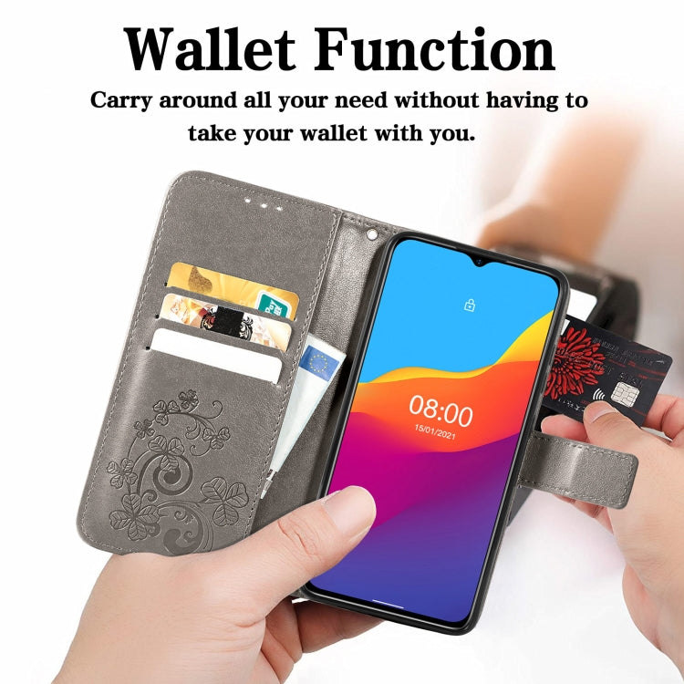 For Ulefone Note 10 Four-leaf Clasp Embossed Buckle Mobile Phone Protection Leather Case with Lanyard & Card Slot & Wallet & Bracket Function(Gray) by buy2fix