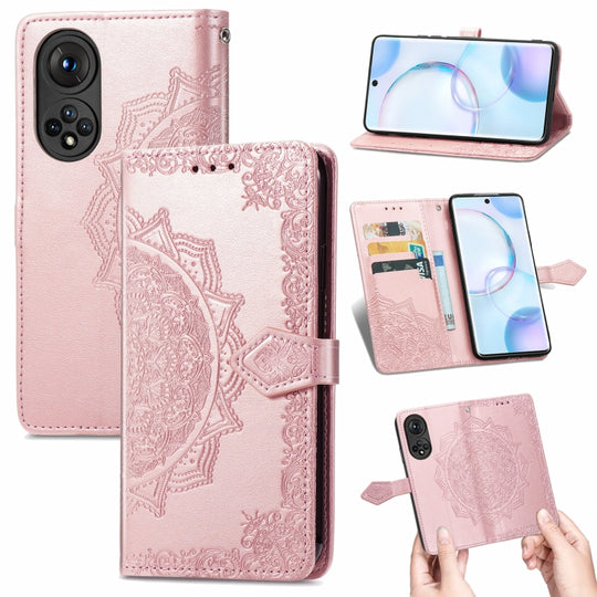 For Honor 50 Mandala Flower Embossed Horizontal Flip Leather Case with Holder & Three Card Slots & Wallet & Lanyard(Rose Gold)