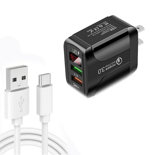 F002C QC3.0 USB + USB 2.0 LED Digital Display Fast Charger with USB to Type-C Data Cable, US Plug(Black) - USB Charger by buy2fix | Online Shopping UK | buy2fix