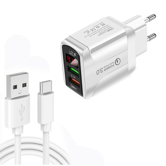 F002C QC3.0 USB + USB 2.0 LED Digital Display Fast Charger with USB to Type-C Data Cable, EU Plug(White) - USB Charger by buy2fix | Online Shopping UK | buy2fix