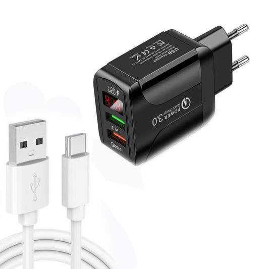 F002C QC3.0 USB + USB 2.0 LED Digital Display Fast Charger with USB to Type-C Data Cable, EU Plug(Black) - USB Charger by buy2fix | Online Shopping UK | buy2fix