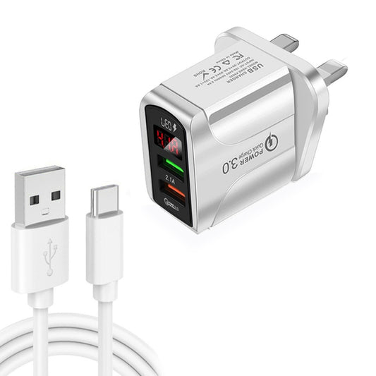F002C QC3.0 USB + USB 2.0 LED Digital Display Fast Charger with USB to Type-C Data Cable, UK Plug(White) - USB Charger by buy2fix | Online Shopping UK | buy2fix