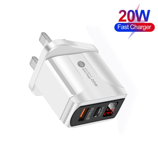 F002C QC3.0 USB + USB 2.0 LED Digital Display Fast Charger with USB to Type-C Data Cable, UK Plug(White) - USB Charger by buy2fix | Online Shopping UK | buy2fix