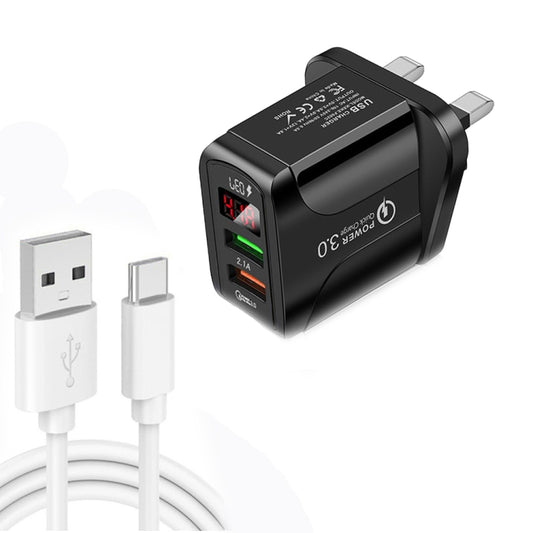 F002C QC3.0 USB + USB 2.0 LED Digital Display Fast Charger with USB to Type-C Data Cable, UK Plug(Black) - USB Charger by buy2fix | Online Shopping UK | buy2fix