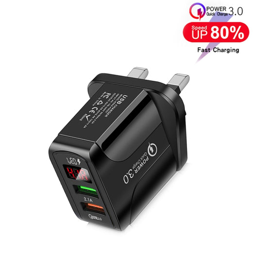 F002C QC3.0 USB + USB 2.0 LED Digital Display Fast Charger with USB to Type-C Data Cable, UK Plug(Black) - USB Charger by buy2fix | Online Shopping UK | buy2fix