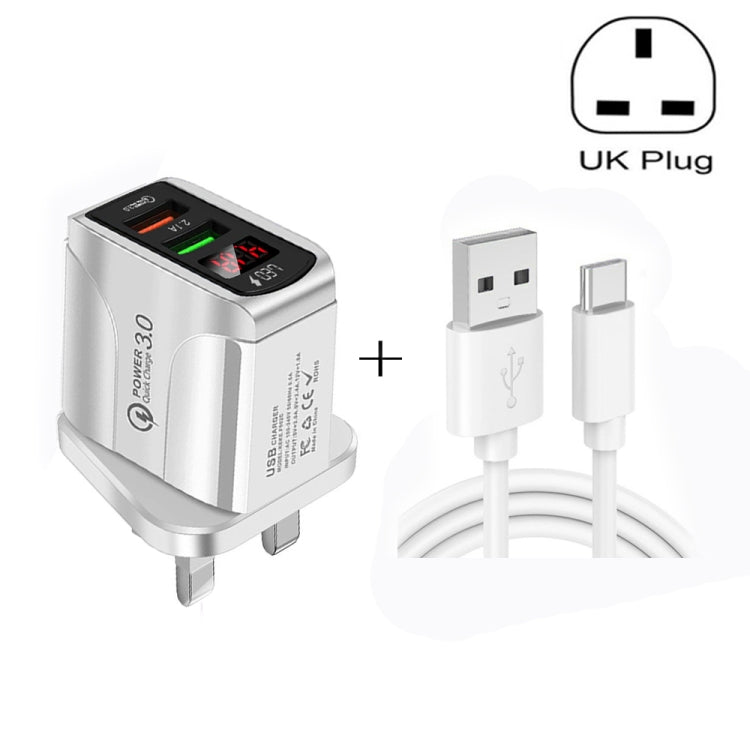 F002C QC3.0 USB + USB 2.0 LED Digital Display Fast Charger with USB to Type-C Data Cable, UK Plug(Black) - USB Charger by buy2fix | Online Shopping UK | buy2fix