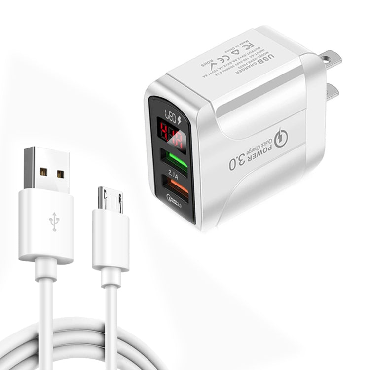 F002C QC3.0 USB + USB 2.0 LED Digital Display Fast Charger with USB to Micro USB Data Cable, US Plug(White) - USB Charger by buy2fix | Online Shopping UK | buy2fix