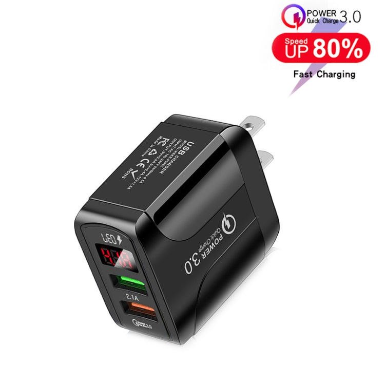 F002C QC3.0 USB + USB 2.0 LED Digital Display Fast Charger with USB to Micro USB Data Cable, US Plug(Black) - USB Charger by buy2fix | Online Shopping UK | buy2fix
