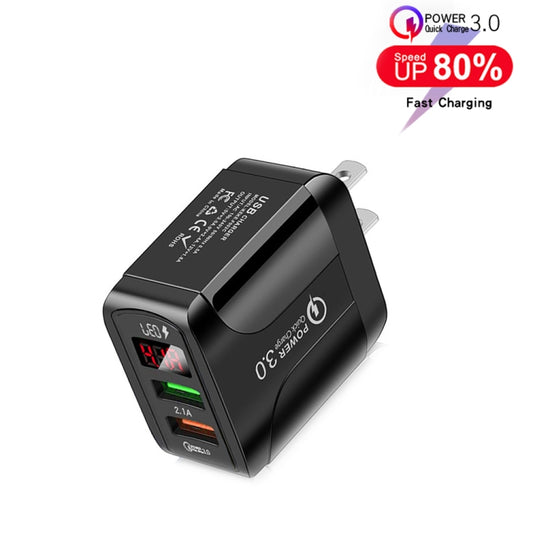 F002C QC3.0 USB + USB 2.0 LED Digital Display Fast Charger with USB to Micro USB Data Cable, US Plug(Black) - USB Charger by buy2fix | Online Shopping UK | buy2fix