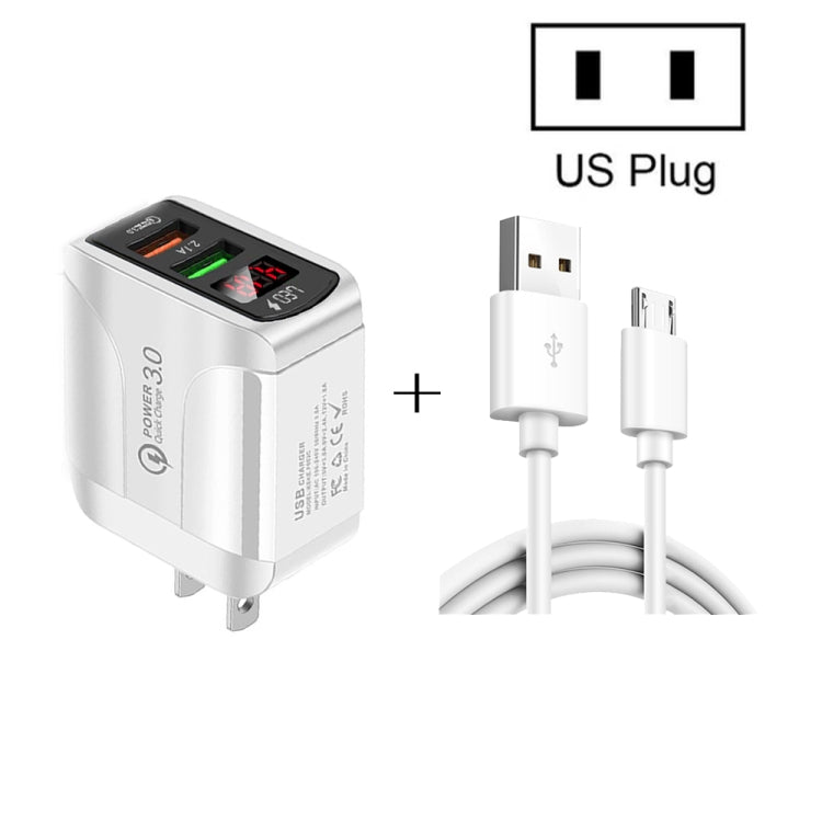 F002C QC3.0 USB + USB 2.0 LED Digital Display Fast Charger with USB to Micro USB Data Cable, US Plug(White) - USB Charger by buy2fix | Online Shopping UK | buy2fix
