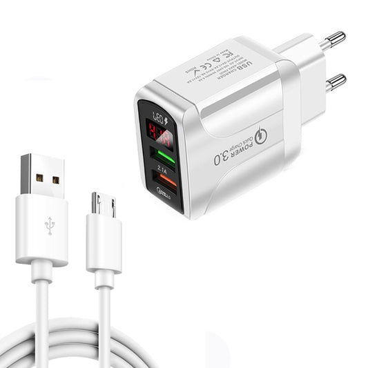 F002C QC3.0 USB + USB 2.0 LED Digital Display Fast Charger with USB to Micro USB Data Cable, EU Plug(White) - USB Charger by buy2fix | Online Shopping UK | buy2fix