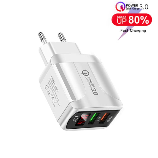 F002C QC3.0 USB + USB 2.0 LED Digital Display Fast Charger with USB to Micro USB Data Cable, EU Plug(White) - USB Charger by buy2fix | Online Shopping UK | buy2fix