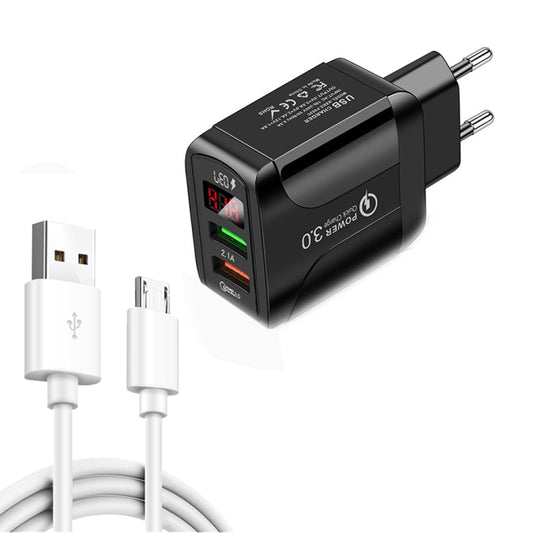 F002C QC3.0 USB + USB 2.0 LED Digital Display Fast Charger with USB to Micro USB Data Cable, EU Plug(Black) - USB Charger by buy2fix | Online Shopping UK | buy2fix
