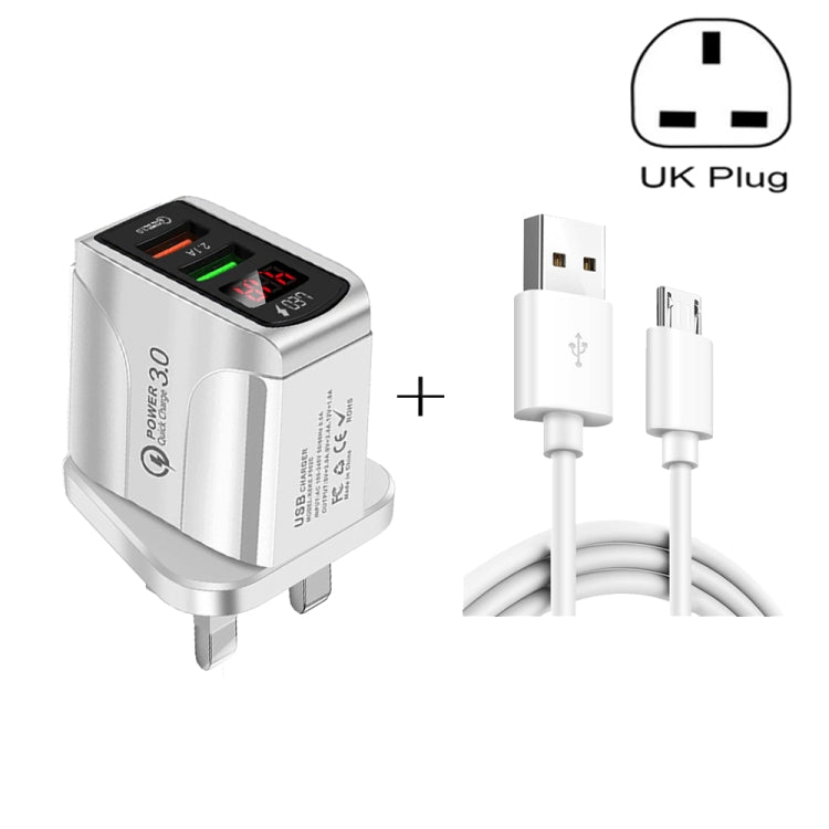 F002C QC3.0 USB + USB 2.0 LED Digital Display Fast Charger with USB to Micro USB Data Cable, UK Plug(White) - USB Charger by buy2fix | Online Shopping UK | buy2fix