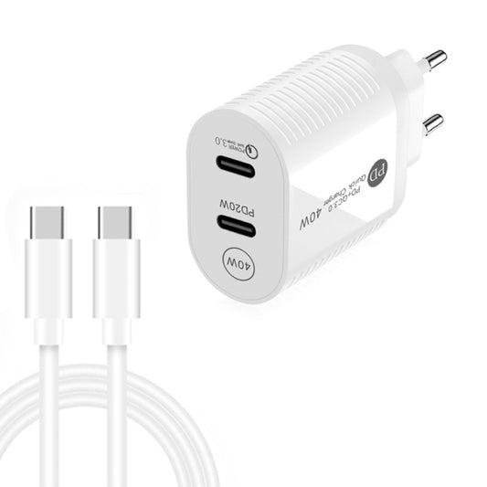 40W Dual Port PD / Type-C Fast Charger with Type-C to Type-C Data Cable, EU Plug(White) - USB Charger by buy2fix | Online Shopping UK | buy2fix