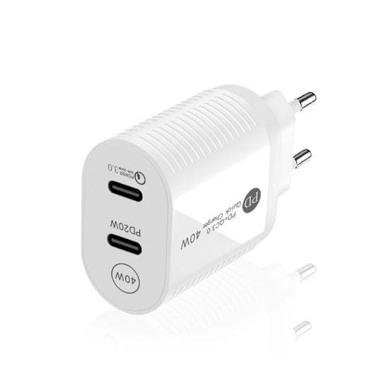 40W Dual Port PD / Type-C Fast Charger with Type-C to Type-C Data Cable, EU Plug(White) - USB Charger by buy2fix | Online Shopping UK | buy2fix