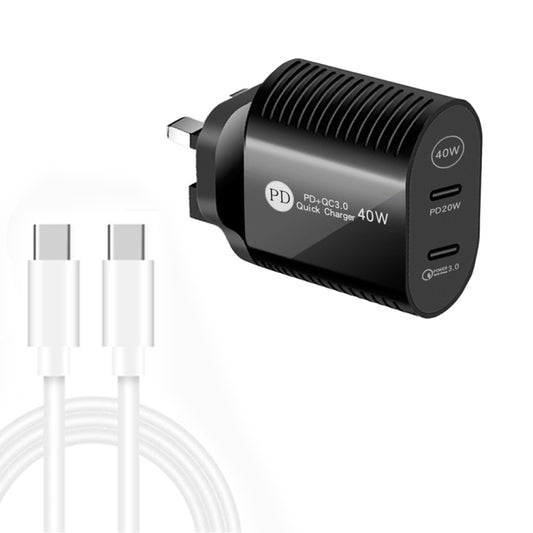 40W Dual Port PD / Type-C Fast Charger with Type-C to Type-C Data Cable, UK Plug(Black) - USB Charger by buy2fix | Online Shopping UK | buy2fix