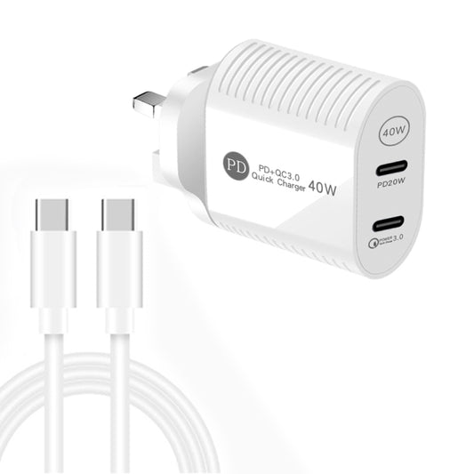 40W Dual Port PD / Type-C Fast Charger with Type-C to Type-C Data Cable, UK Plug(White) - USB Charger by buy2fix | Online Shopping UK | buy2fix