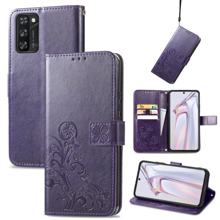 For Blackview A100 Four-leaf Clasp Embossed Buckle Mobile Phone Protection Leather Case with Lanyard & Card Slot & Wallet & Bracket Function(Purple) by buy2fix