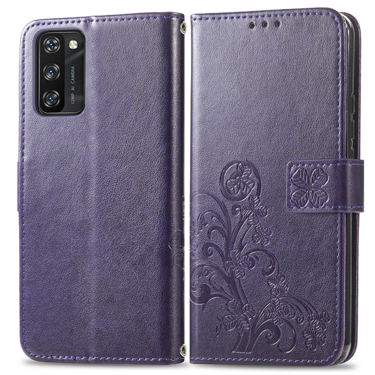 For Blackview A100 Four-leaf Clasp Embossed Buckle Mobile Phone Protection Leather Case with Lanyard & Card Slot & Wallet & Bracket Function(Purple) by buy2fix