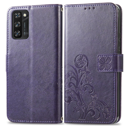 For Blackview A100 Four-leaf Clasp Embossed Buckle Mobile Phone Protection Leather Case with Lanyard & Card Slot & Wallet & Bracket Function(Purple) by buy2fix