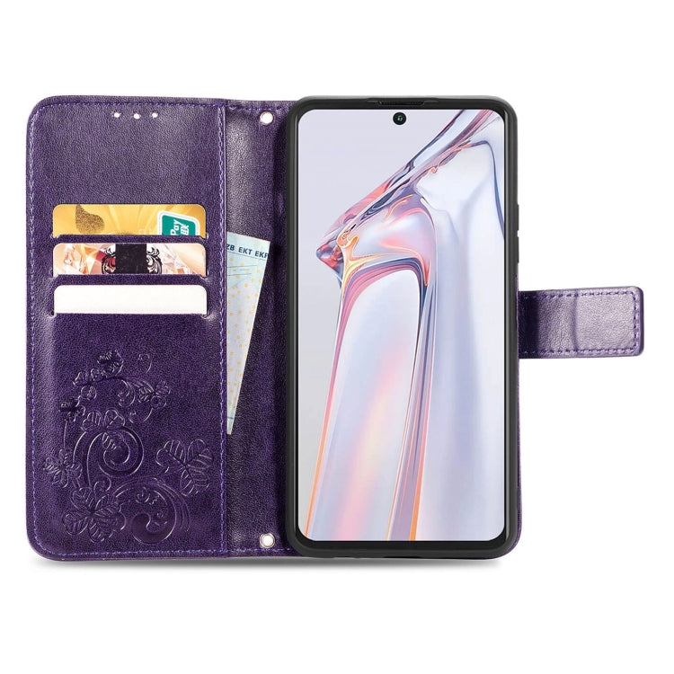 For Blackview A100 Four-leaf Clasp Embossed Buckle Mobile Phone Protection Leather Case with Lanyard & Card Slot & Wallet & Bracket Function(Purple) by buy2fix
