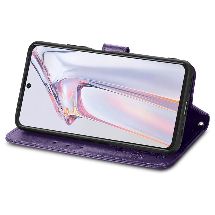 For Blackview A100 Four-leaf Clasp Embossed Buckle Mobile Phone Protection Leather Case with Lanyard & Card Slot & Wallet & Bracket Function(Purple) by buy2fix