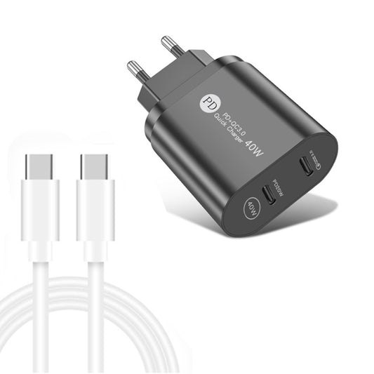 002 40W PD3.0 Dual Port USB-C / Type-C Charger with Type-C to Type-C Data Cable, EU Plug(Black) - USB Charger by buy2fix | Online Shopping UK | buy2fix