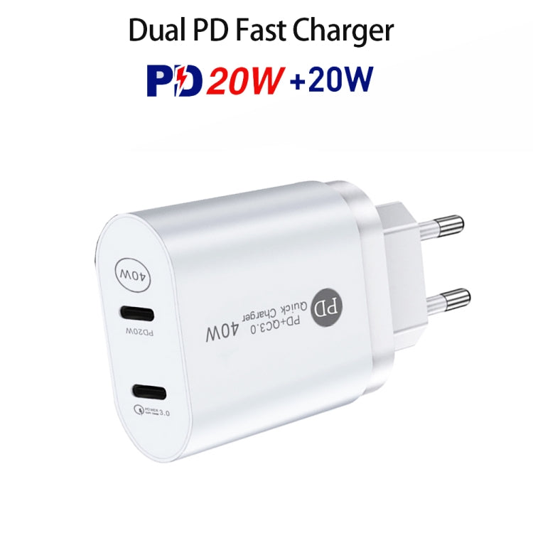 002 40W PD3.0 Dual Port USB-C / Type-C Charger with Type-C to Type-C Data Cable, EU Plug(White) - USB Charger by buy2fix | Online Shopping UK | buy2fix