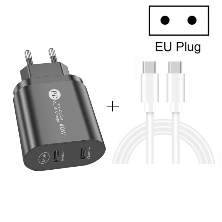 002 40W PD3.0 Dual Port USB-C / Type-C Charger with Type-C to Type-C Data Cable, EU Plug(Black) - USB Charger by buy2fix | Online Shopping UK | buy2fix