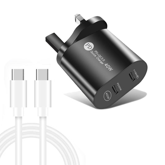 002 40W PD3.0 Dual Port USB-C / Type-C Charger with Type-C to Type-C Data Cable, UK Plug(Black) - USB Charger by buy2fix | Online Shopping UK | buy2fix