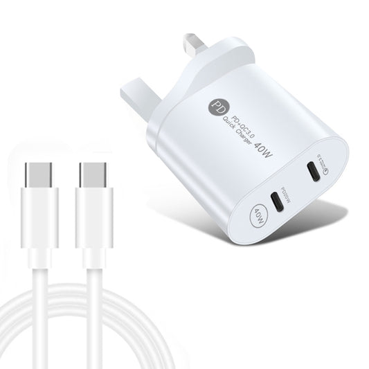 002 40W PD3.0 Dual Port USB-C / Type-C Charger with Type-C to Type-C Data Cable, UK Plug(White) - USB Charger by buy2fix | Online Shopping UK | buy2fix
