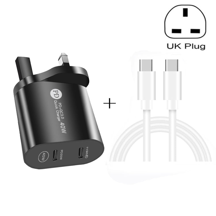 002 40W PD3.0 Dual Port USB-C / Type-C Charger with Type-C to Type-C Data Cable, UK Plug(Black) - USB Charger by buy2fix | Online Shopping UK | buy2fix