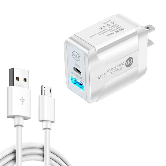 PD25W USB-C / Type-C + QC3.0 Dual Ports Fast Charger with USB to Micro USB Data Cable, US Plug(White) - USB Charger by buy2fix | Online Shopping UK | buy2fix