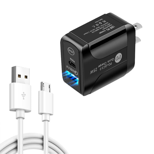 PD25W USB-C / Type-C + QC3.0 Dual Ports Fast Charger with USB to Micro USB Data Cable, US Plug(Black) - USB Charger by buy2fix | Online Shopping UK | buy2fix