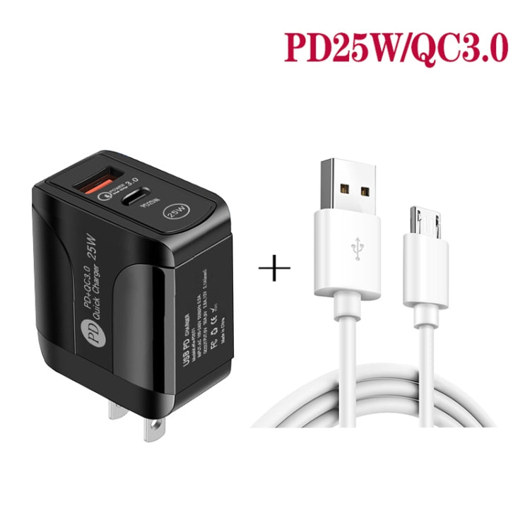 PD25W USB-C / Type-C + QC3.0 Dual Ports Fast Charger with USB to Micro USB Data Cable, US Plug(White) - USB Charger by buy2fix | Online Shopping UK | buy2fix