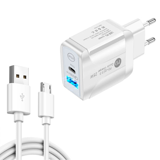 PD25W USB-C / Type-C + QC3.0 USB Dual Ports Fast Charger with USB to Micro USB Data Cable, EU Plug(White) - USB Charger by buy2fix | Online Shopping UK | buy2fix