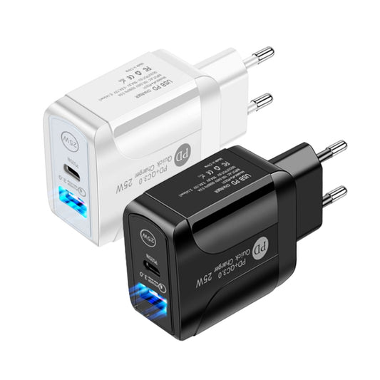 PD25W USB-C / Type-C + QC3.0 USB Dual Ports Fast Charger with USB to Micro USB Data Cable, EU Plug(Black) - USB Charger by buy2fix | Online Shopping UK | buy2fix