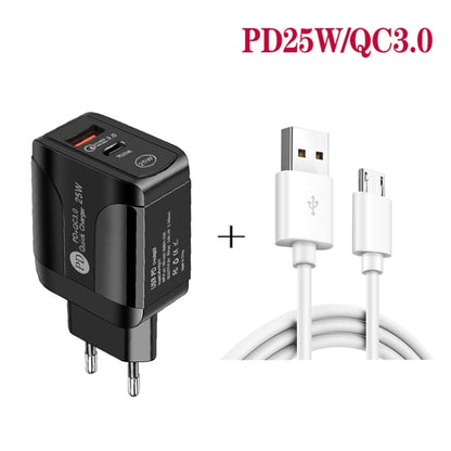 PD25W USB-C / Type-C + QC3.0 USB Dual Ports Fast Charger with USB to Micro USB Data Cable, EU Plug(Black) - USB Charger by buy2fix | Online Shopping UK | buy2fix