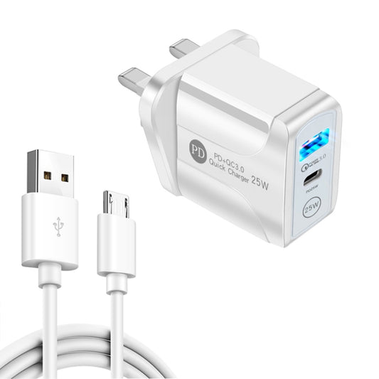 PD25W USB-C / Type-C + QC3.0 USB Dual Ports Fast Charger with USB to Micro USB Data Cable, UK Plug(White) - USB Charger by buy2fix | Online Shopping UK | buy2fix