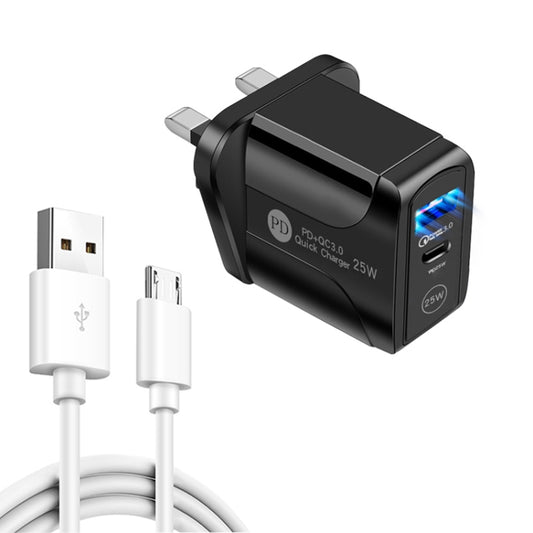 PD25W USB-C / Type-C + QC3.0 USB Dual Ports Fast Charger with USB to Micro USB Data Cable, UK Plug(Black) - USB Charger by buy2fix | Online Shopping UK | buy2fix