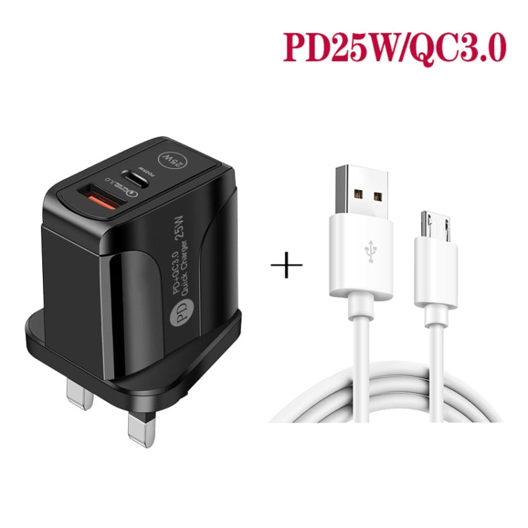 PD25W USB-C / Type-C + QC3.0 USB Dual Ports Fast Charger with USB to Micro USB Data Cable, UK Plug(Black) - USB Charger by buy2fix | Online Shopping UK | buy2fix