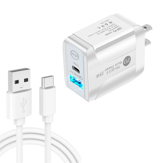 PD25W USB-C / Type-C + QC3.0 USB Dual Ports Fast Charger with USB to Type-C Data Cable, US Plug(White) - USB Charger by buy2fix | Online Shopping UK | buy2fix