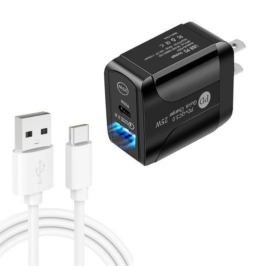 PD25W USB-C / Type-C + QC3.0 USB Dual Ports Fast Charger with USB to Type-C Data Cable, US Plug(Black) - USB Charger by buy2fix | Online Shopping UK | buy2fix