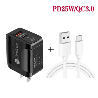 PD25W USB-C / Type-C + QC3.0 USB Dual Ports Fast Charger with USB to Type-C Data Cable, US Plug(Black) - USB Charger by buy2fix | Online Shopping UK | buy2fix