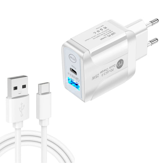 PD25W USB-C / Type-C + QC3.0 USB Dual Ports Fast Charger with USB to Type-C Data Cable, EU Plug(White) - USB Charger by buy2fix | Online Shopping UK | buy2fix